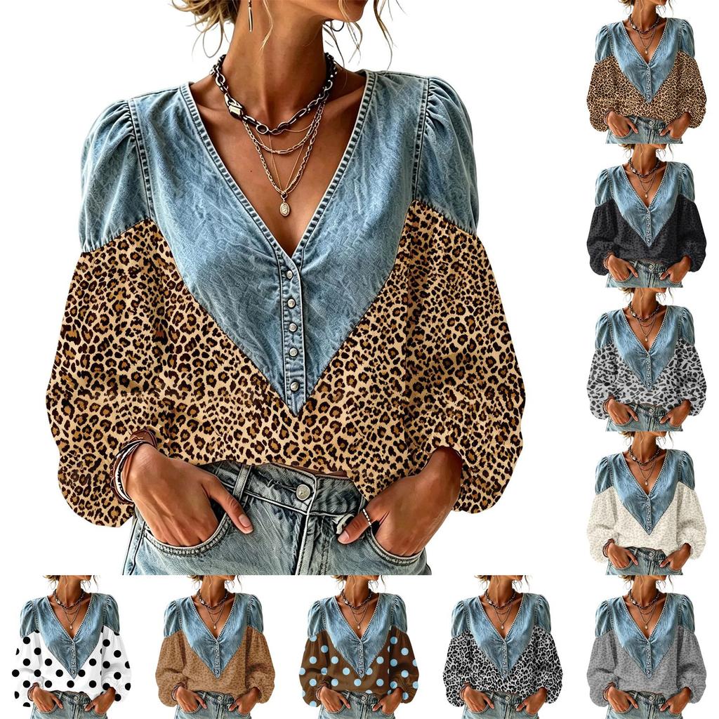 Damen Herbstmode Retro V-Ausschnitt Bedrucktes Langarmtop mit Einsätzen für Freizeitkleidung