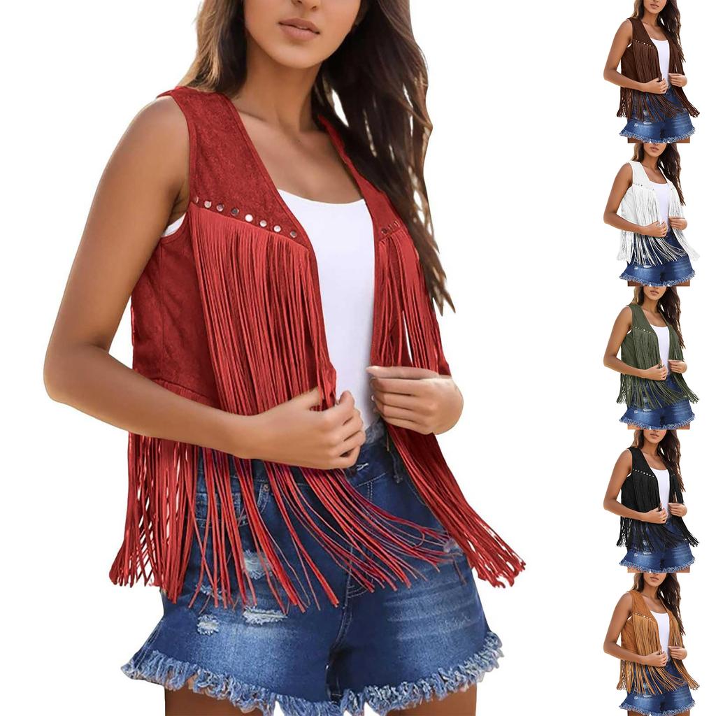 Sleeveless Vest for Women Western Style Faux Tassel Open Front for Casual and Festival Wear