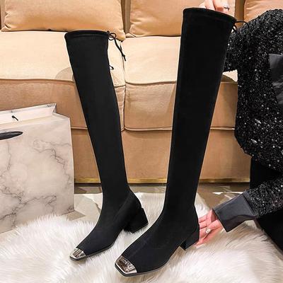Fashion Women Suede High Boots Mid Heels Shoes Winter Designer Square Toe Shoes Women 2024 Walking Shoes Pumps Elegant Mujer Snow Botas