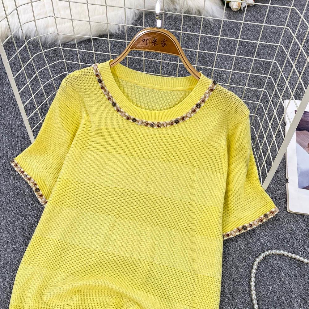 Summer Women O-neck Short Sleeve Sequined Knitted Sweater Pullover Tops