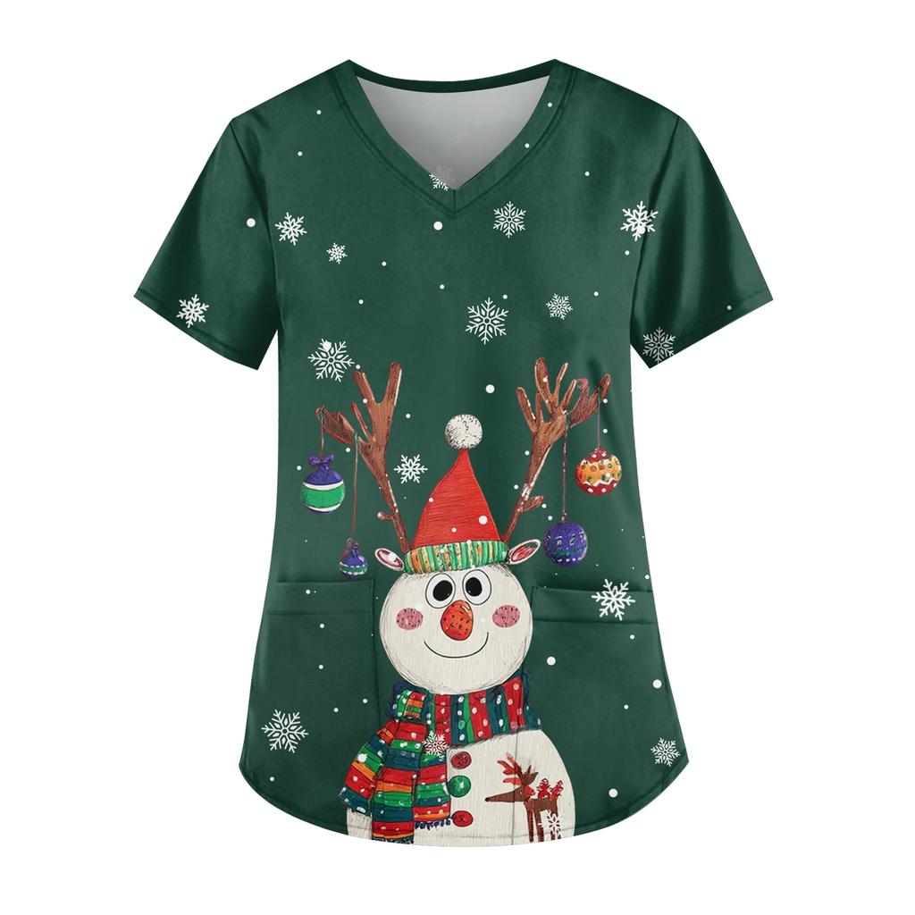 Ladies' Fashionable V-neck Pocket Short Sleeved Christmas Tree Printed Caregiver Uniform