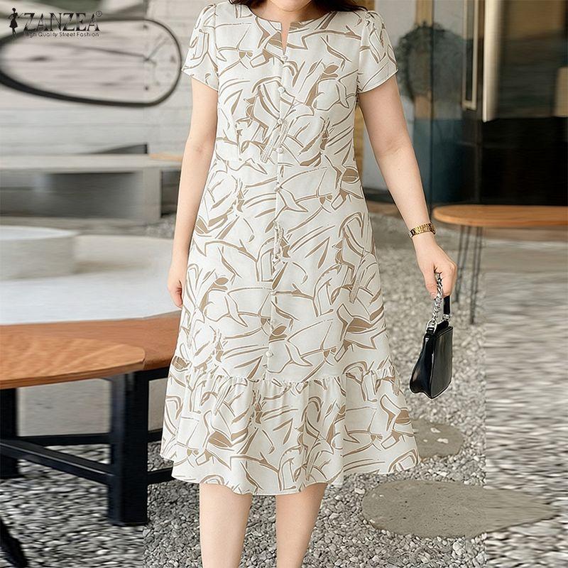 ZANZEA Abito Casual Estivo da Donna con Scollo a V e Maniche Corte con Stampa
