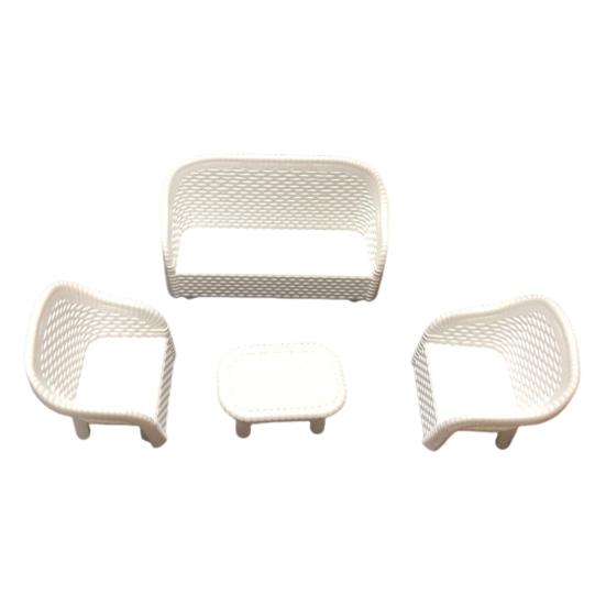 4Pcs Miniature White Wicker Tea Table And Chair Set Doll House Furniture Decor