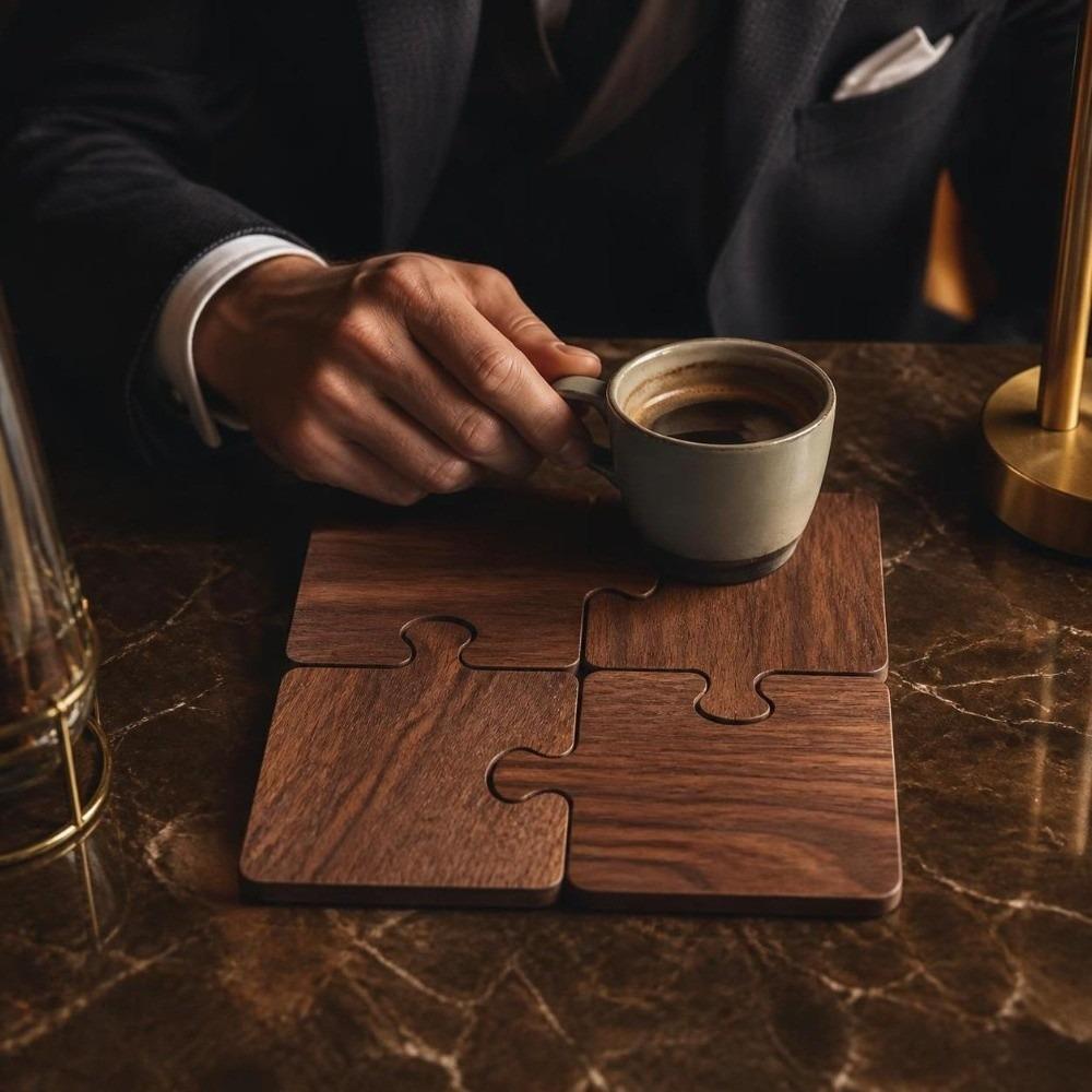 4pcs Heat Resistant Puzzle Coasters Non Slip Tea Cup Mat Creative Wooden Coaster Set  Dining Table