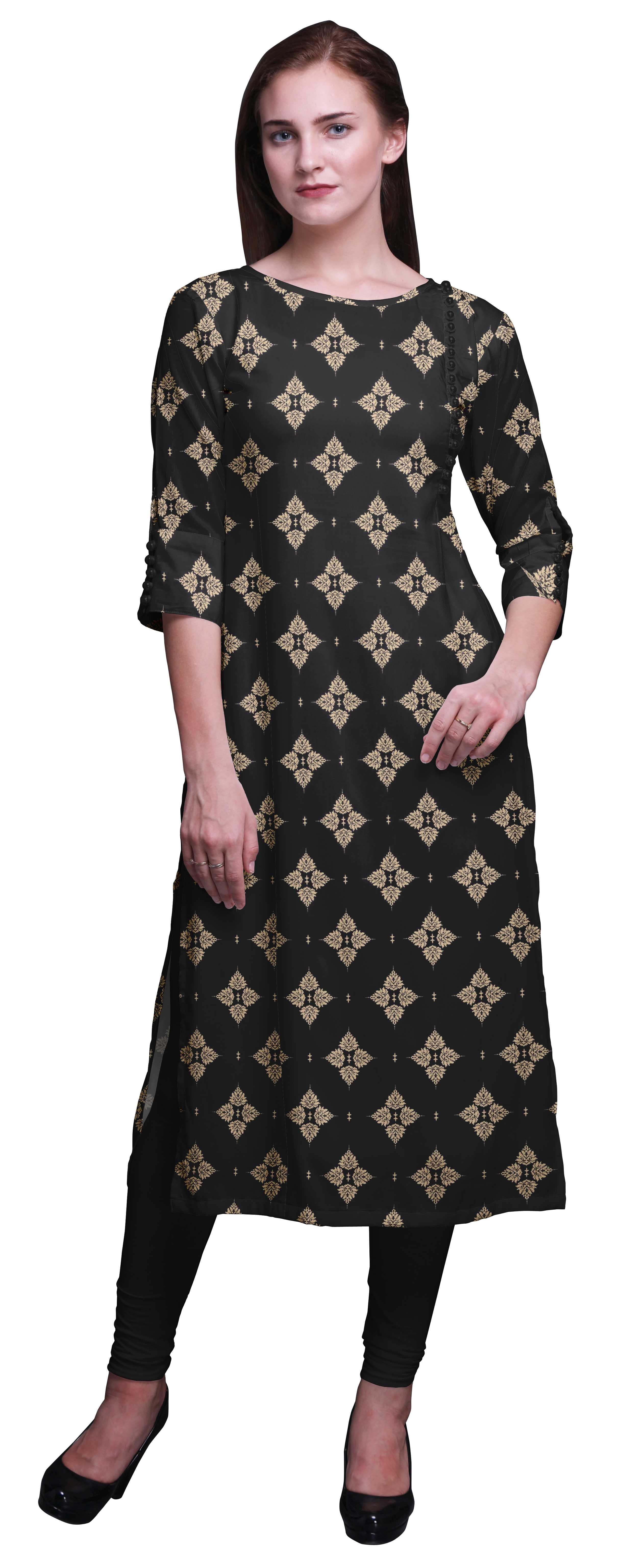 

Moomaya PrintedA StraightA KurtisA For Women 3 4 Sleeve Kurta Summer Tunic For XL чорний