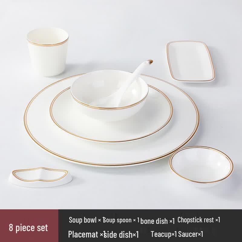 Gold Rim Ceramic Hotel Tableware Set (8-piece)