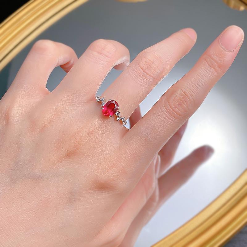 Hui Zhi Yi S925 Silver Red Corundum 6x8mm Oval Simple Fashion Ring for Women
