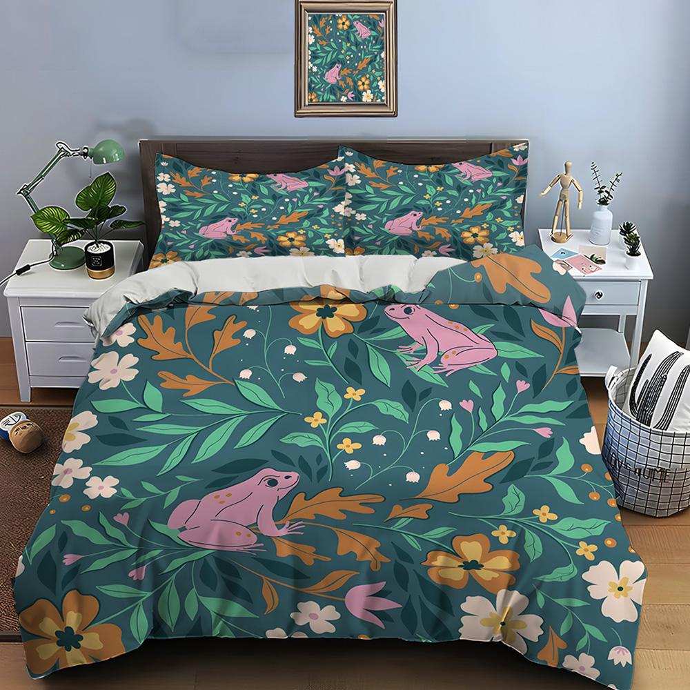 3pcs Pink frogs with floral pattern Bedding Set 1 Duvet Cover 2 Pillowcases for Adult and Children Luxury Gift Full Size