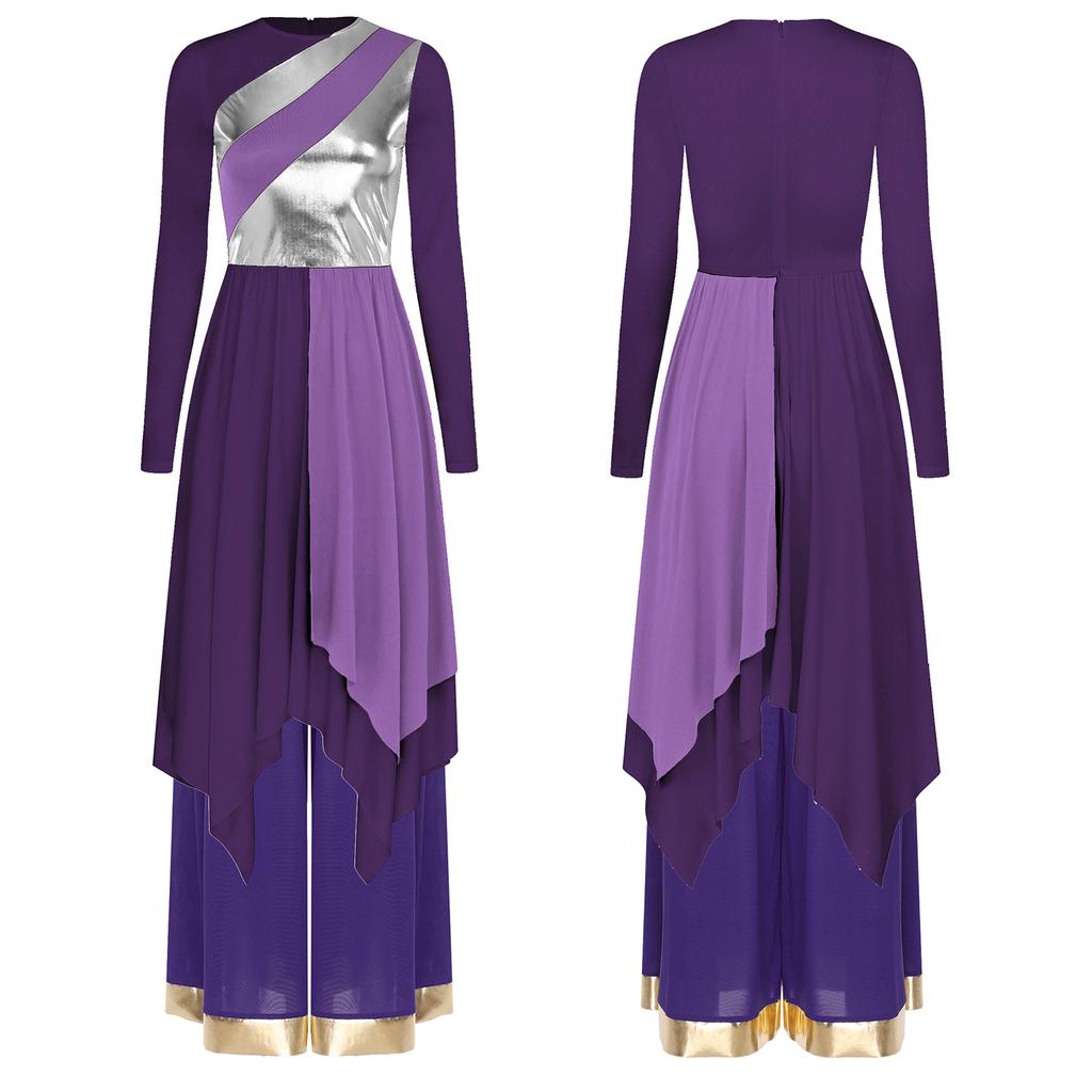 Dames Lyrische Dans Kostuum Set S-XXL: Jurk met Lange Mouwen, Metallic Contrastkleur, Onregelmatige Zoom & Wijde Broek voor Kerkdienst, Dans