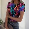 Women's Casual Fashion Round Neck Hawaiian Print Short Sleeve Ribbed Top