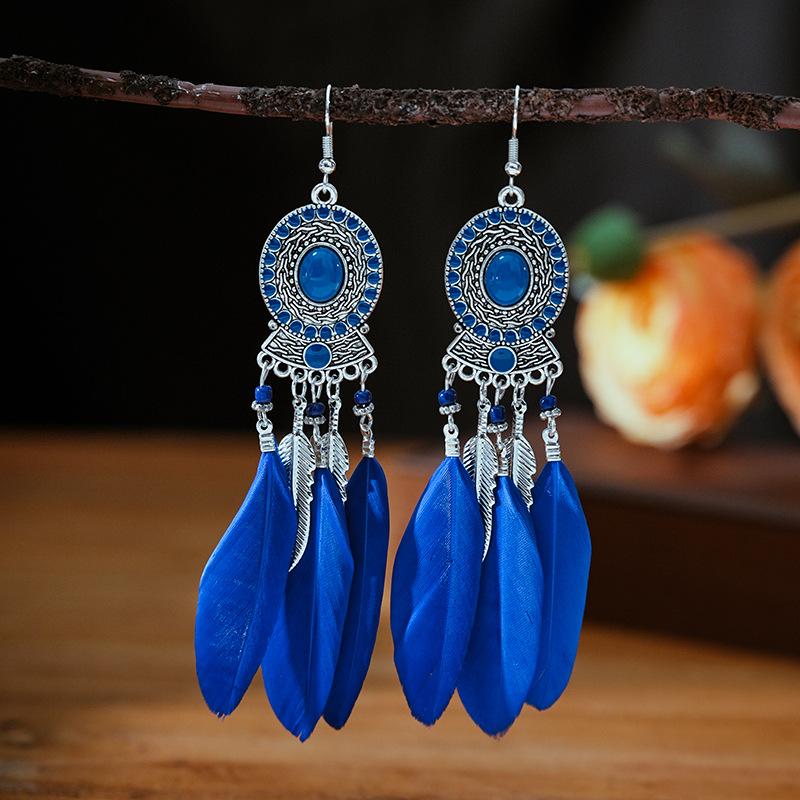 Bohemian Ethnic Long Drop Feather Earrings For Women Beads Handmade Enamel Boho Dangle Earrings Silver Color Jewelry Pendientes