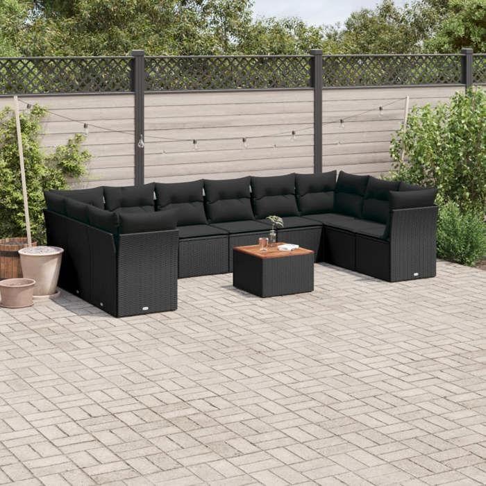 VidaXL Salon de jardin 11 pcs avec coussins noir résine tressée 3223829
