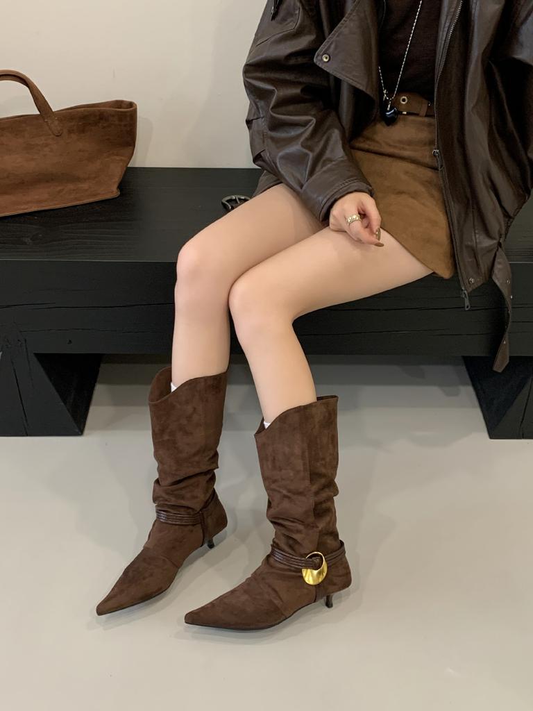 2025 niche pointed western boots folded stacking boots autumn and winter new fashion temperament thin high heel medium boots