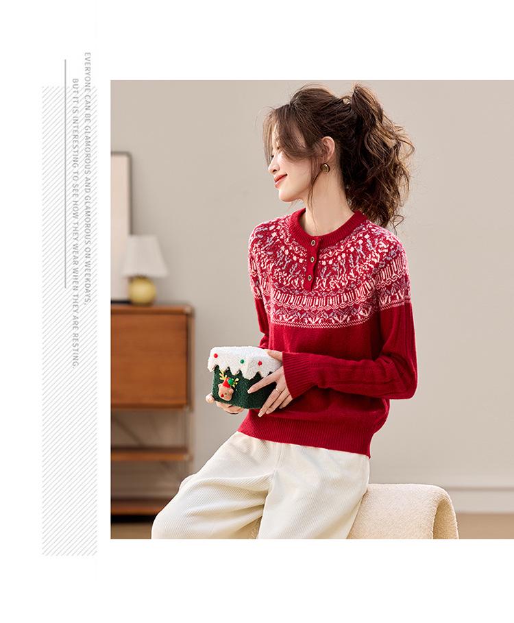 Red Fair Isle Jacquard Wool Sweater - Loose Round Neck Knit Top for Small Person