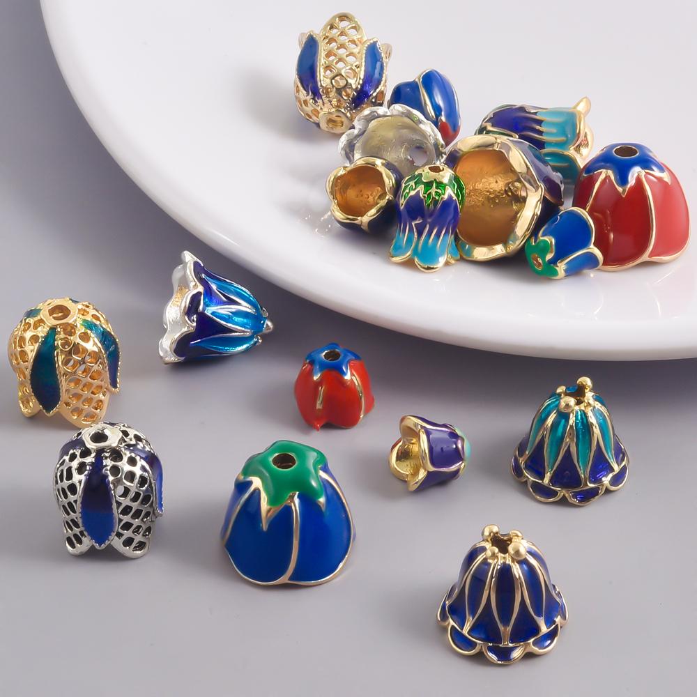 10pcs/Lot Vintage Enamel Flower Bead Cap Accessories For Jewelry Making Supplies Bohemia End Caps Handmade Connectors Materials