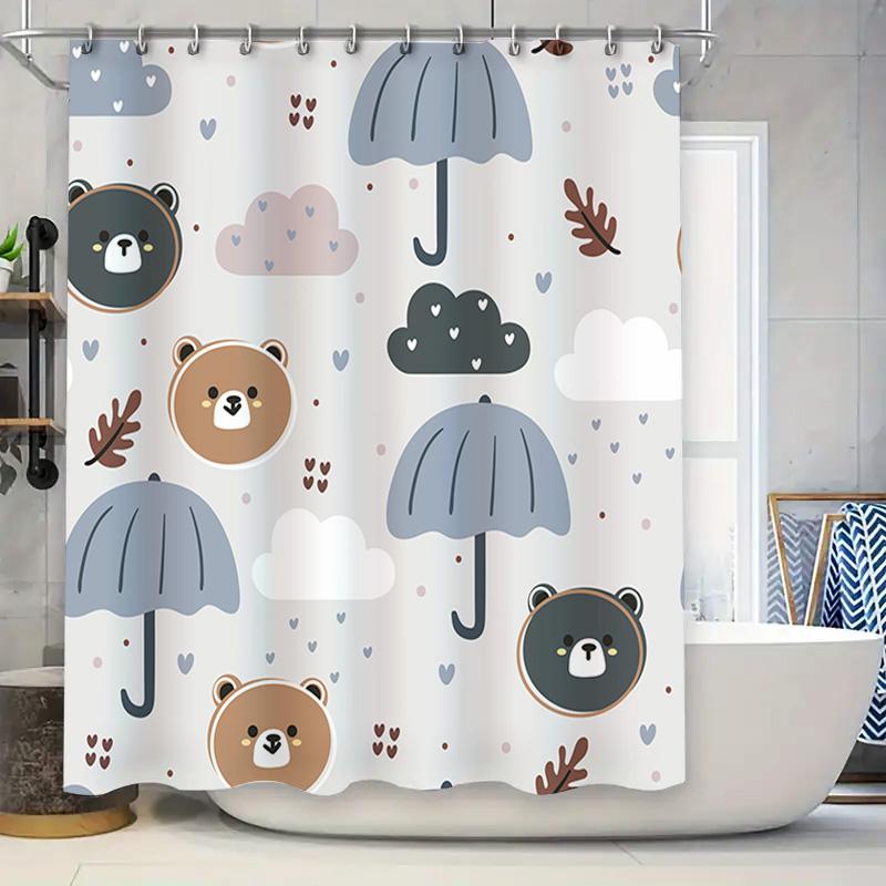 

Cute Umbrella Print Shower Curtain For Bathroom Decor White Waterproof Fabric With Clouds Bears Design (Size: 180X245Cm) W60H190(CM)-1 Pcs