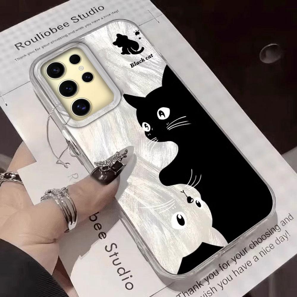Umělecký objímající černá kočka pouzdro na telefon pro Samsung Galaxy A55 A56 A16 A26 A36 A54 A14 A24 A34 S25 S24 Skořápka Silikonový zadní kryt
