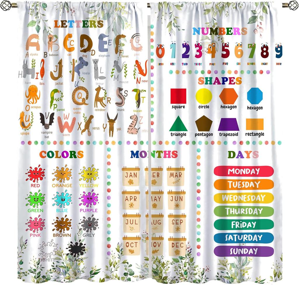 Abc Alphabet Curtains, Cartoon Toddler Colourful Animals Numbers Colours Classroom Learning Windows Treatments Drapes For Kids