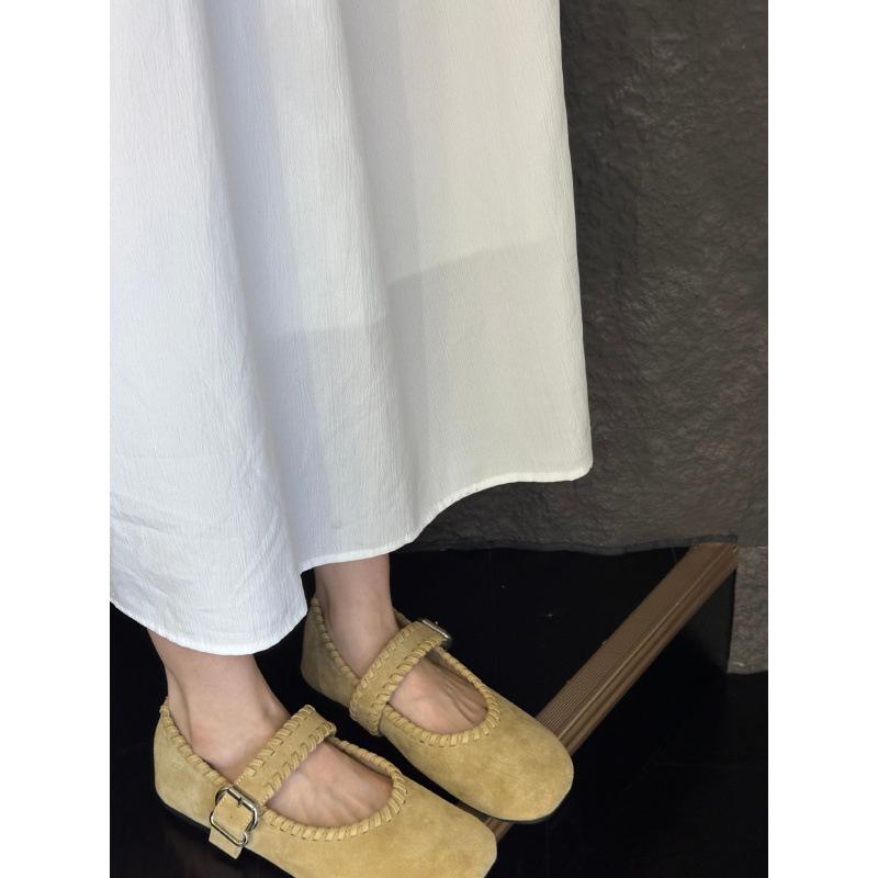 Retro Woven Suede Square Head Word with Shallow Mouth Gentle Evening Breeze Flat Bottom Mary Jane Single Shoes Women
