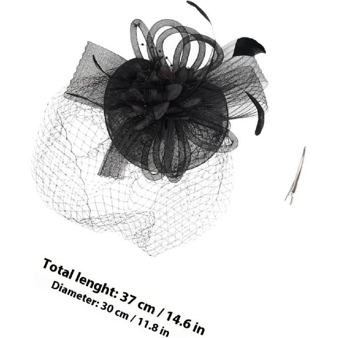 HOMSFOU Mesh Flower Headband with Plume Detail Clip for Women Tea Party Wedding Cocktail Special Occasion Accessories Black