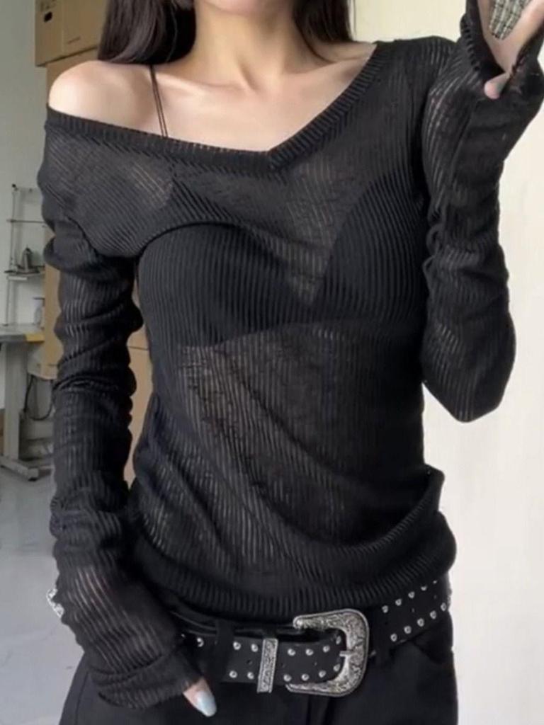 Vintage V-Ausschnitt Langarm Sonnenschutz Überwurf Top für Damen - Leichtes und Schickes Design