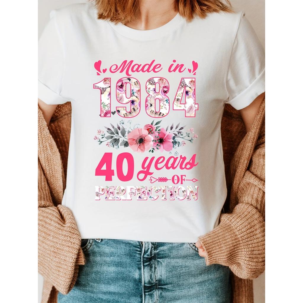 Hergestellt 1984 Print T-Shirt, Kurzarm Rundhals Lässiges Oberteil für Sommer & Frühling