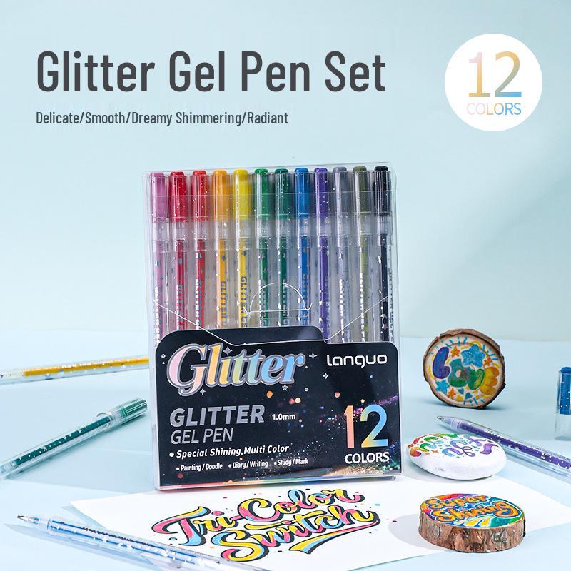 Blue Fruit 12-Color Glitter Gel Pens: Sparkly Neutral Pens for Students, Journals, and Drawings.