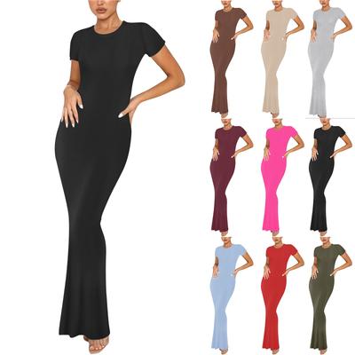 Modisches und sexy einfarbiges, rundhalsförmiges, kurzärmeliges, schmal geschnittenes langes Kleid für Damen