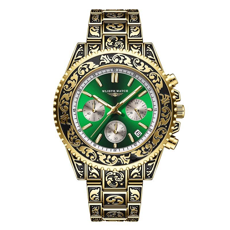 Top Brand Multifunctional Men's Watch Retro Luminous Carved Quartz Calendar Watch