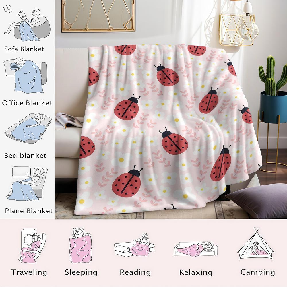 Ladybug & Florals Flannel Blanket Warm Soft Halloween Christmas Couch Warm Cozy Decorative Decor Gift for All Season