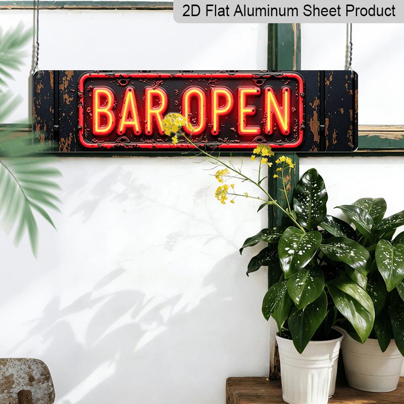 2D Flach, Neonschild Vintage Aluminium Dekoschild Mit beleuchteter Bar Offen Textmustern Geeignet für Bars Restaurants Lounges und