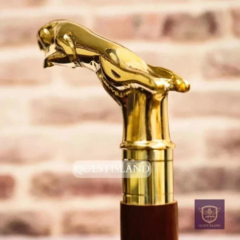 Jaguar Handle Brass Wooden Victorian Foldable Cane Collectible Men