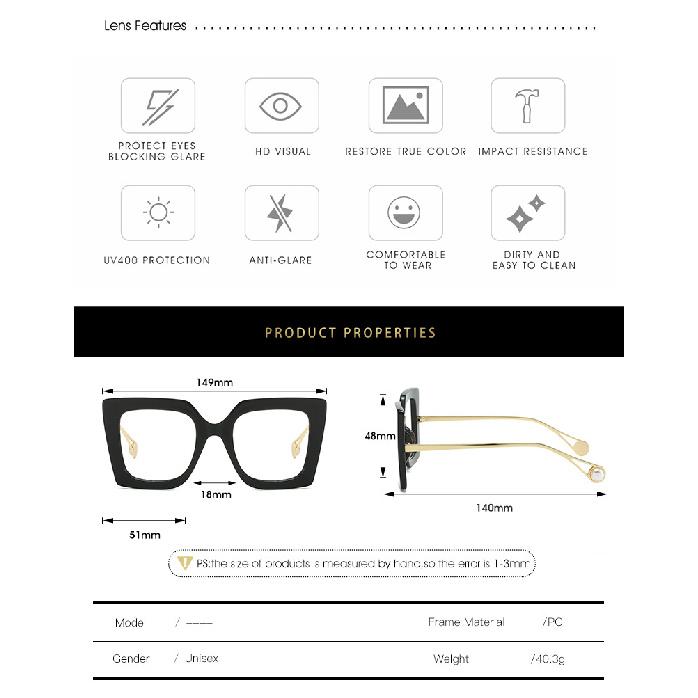 Plain Lens Glasses, Large Frame, Square-shaped Glasses, Blue Light Blocking Glasses, Batch 1916