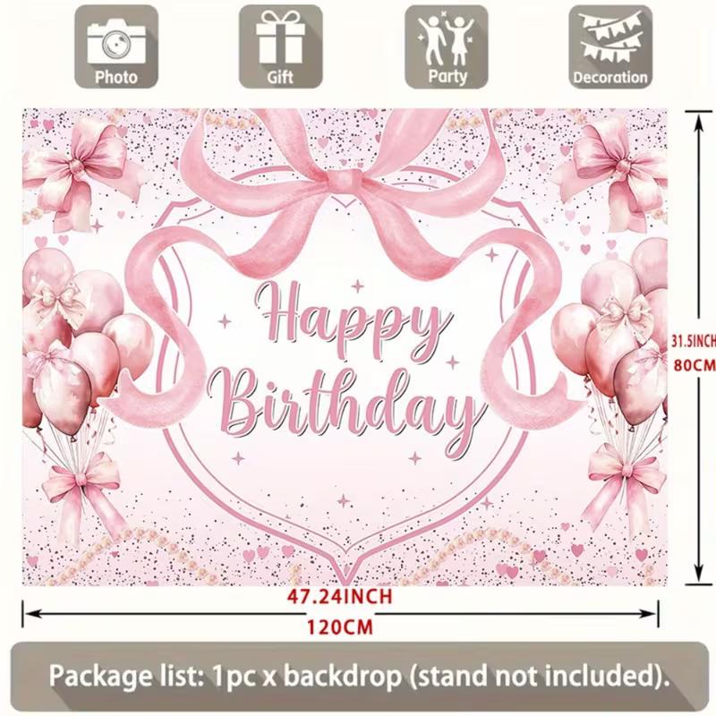 

2D Pink Bow Happy Birthday Backdrop for Baby Shower Girl Birthday Party Decoration 47.2x31.5inch/120*80cm