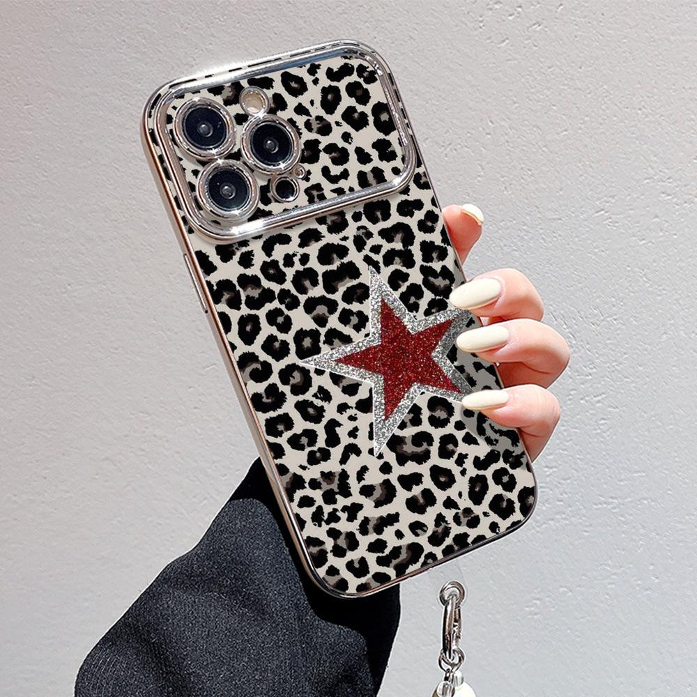 For 16 Glitter Pink Red Star Leopard Print Premium TPU Shockproof Phone Case for 17 Beaded Strap Hanging Chain Case