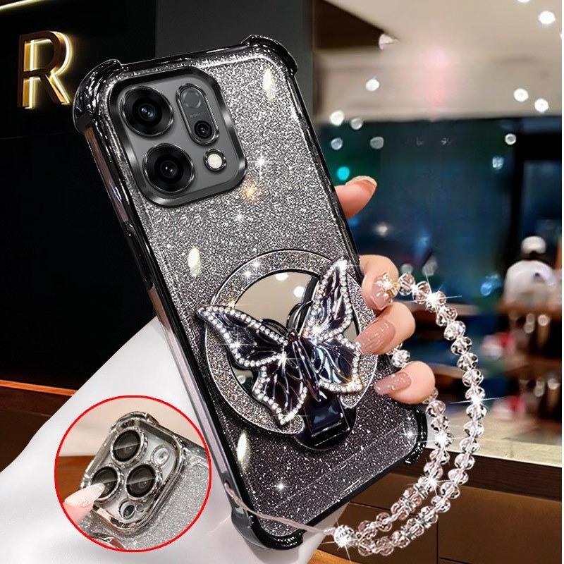 Glitter Butterfly Mirror Crystal Bracelet Case For OPPO Reno 14 13 12 11 10 Pro Plus Shockproof Plating Silicone Cover