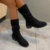 Fashion Classic Solid Black Suede Mid Calf Western Boots Women Brand Designer Medium Heel Riding Boots Sexy Pleated Silp On Winter Shoes