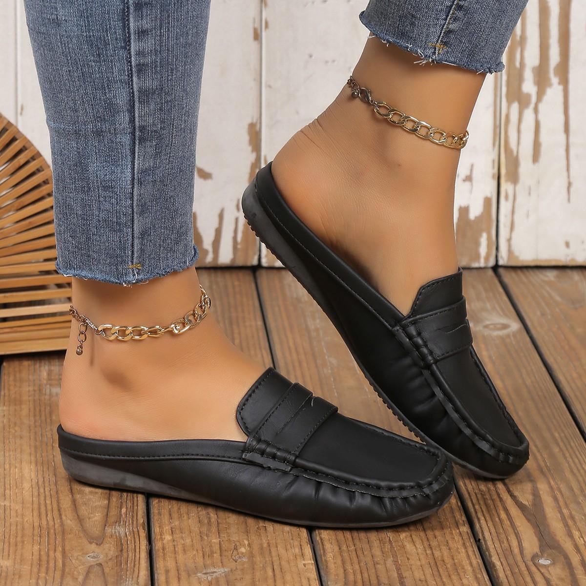 

Большие размеры, женские полутапочки с сумкой на голове, новинка 2024 года, повседневная верхняя одежда на плоской подошве с низким каблуком, обувь Muller с одной педалью Doudou 36 чёрный