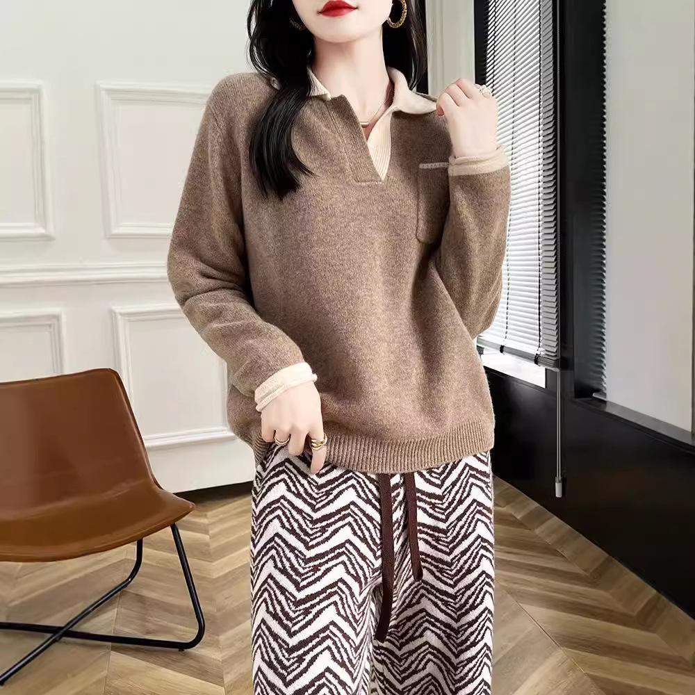 Women's Loose Wool V-Neck Color Block Pullover Sweater - Autumn/Winter Warm Lazy Style