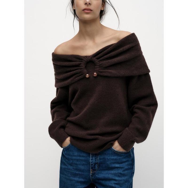 Fall and Winter New Women's Clothing French Style Temperament Curling Neckline Straight Collar Long Sleeves Shoulder-Baring Sweater 3653116