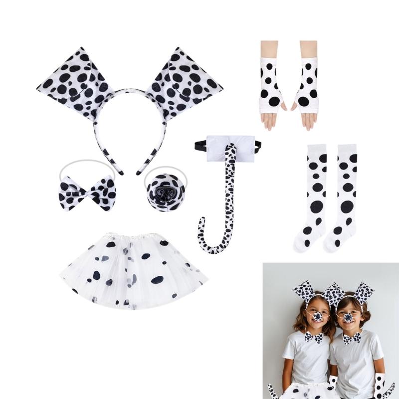 Dalmatiner Welpen Kostüm Set Ohr Stirnband Schwanz Fliege Nase Handschuh Tutu Rock für Kind Halloween Weihnachten Tier Cosplay