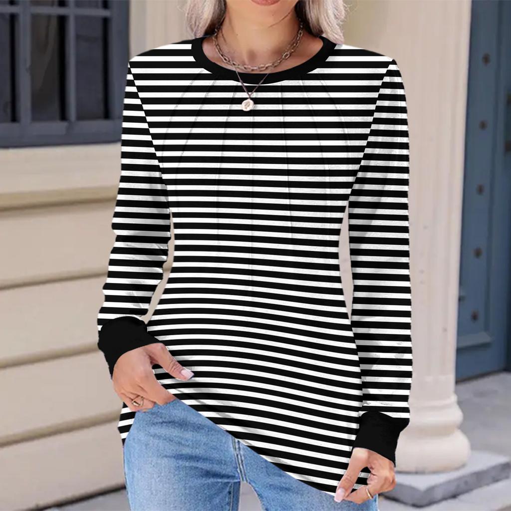 Women's Fashion Casual Striped Print Pleated Comfortable Round Neck Loose Long Sleeve T-shirt Top