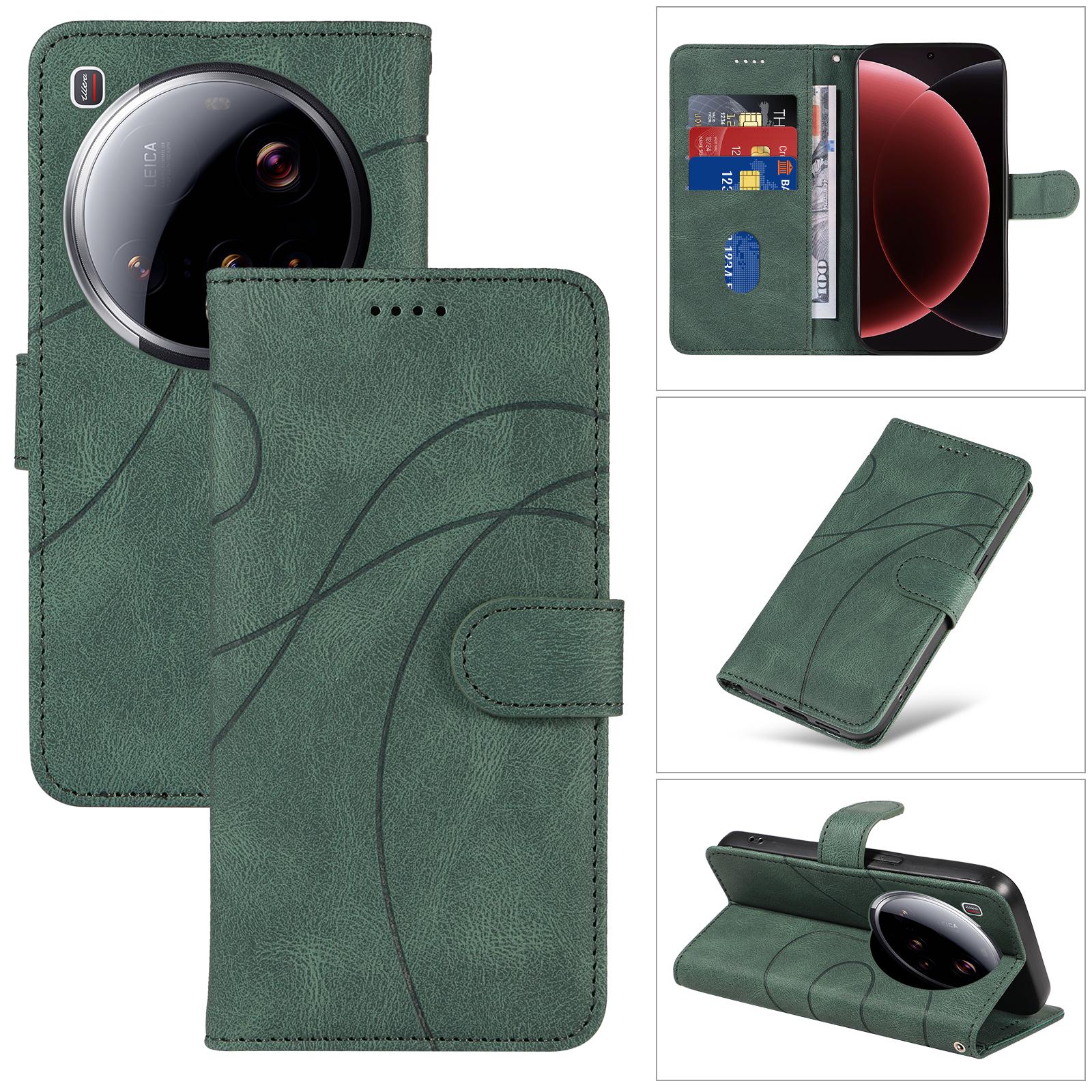 

For Xiaomi 15 Ultra Wallet Case Leather Phone Cover Stand with Curved Line Design Green