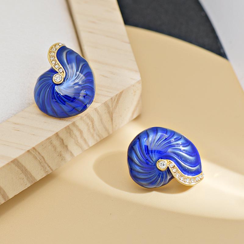 Antique Blue Enamel Conch Earrings In Oil Painting Style - Chinese Retro Inspired Fashion Jewelry