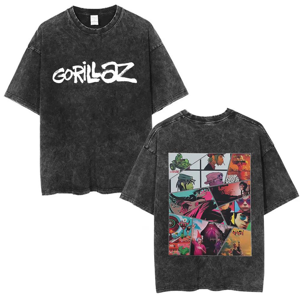 T-shirt Graphique Vintage Lavé Groupe de Rock Gorillaz Pochette d'Album Musical Hommes Femmes Hip Hop Mode T-shirt Surdimensionné Streetwear Homme