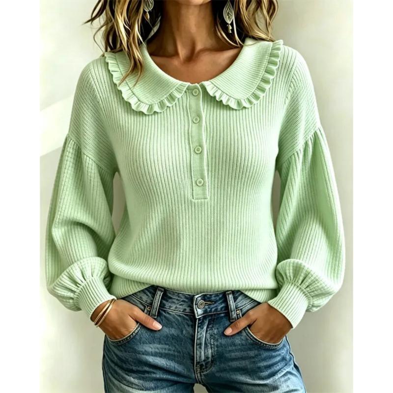 Women S Long Sleeve Pullover Ribbed Knit Top Round Neck Ruffled Trim Fall Winter