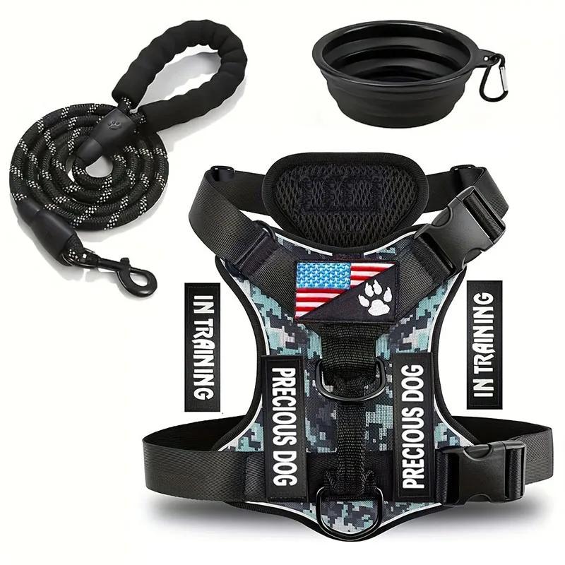 Service Dog Harness & Leash Set with 1pc Folding Bowl Reflective Adjustable Dog Vest Harness Soft Oxford Pet Harness For Small M