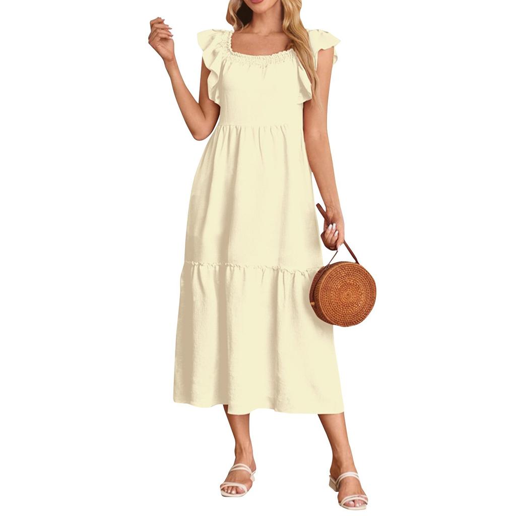 Women's Fashion Loose Fly Sleeve Square Neck Strapless Pleated Splicing Ruffle Hem Dresses