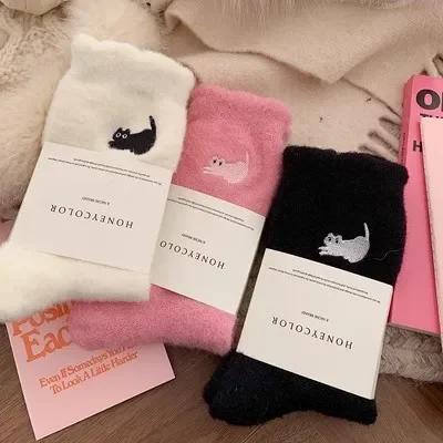 3pairs Cute Cat Mink Fleece Soft Socks for Women Winter Warm Thicken Coral Plush Socks Thermal Snow Home Sleep Floor Kawaii Sock