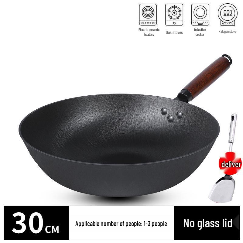 Traditioneller Gusseisen-Wok mit flachem Boden - Antihaftbeschichtet, keine Beschichtung, geeignet für Gas- und Induktionsherde.